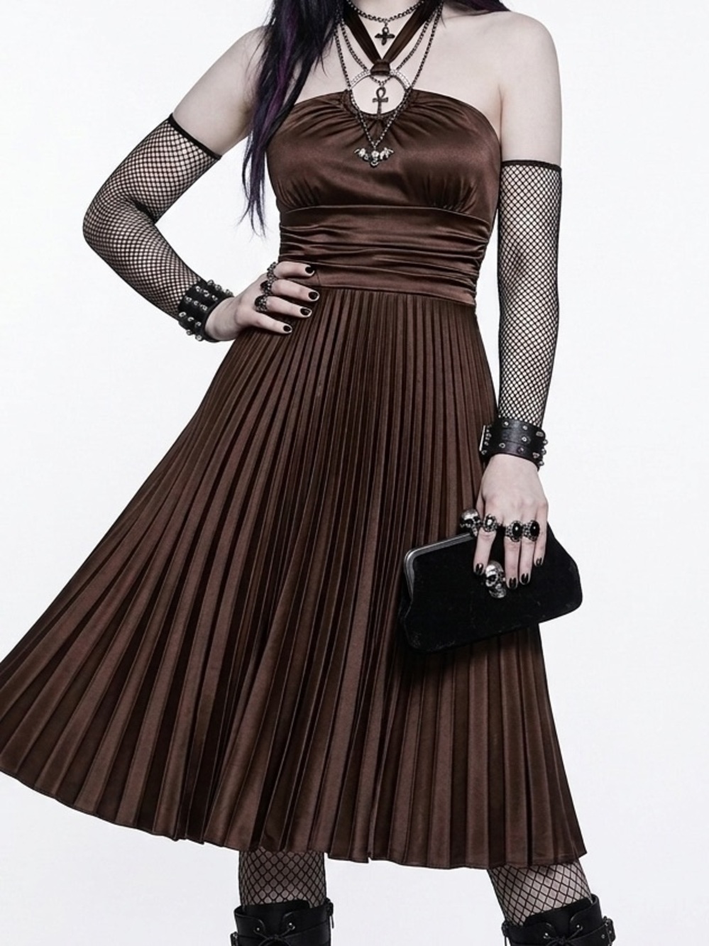 Betsy & Adam Whimsygoth Pleated Halter Dress Brown Size 4